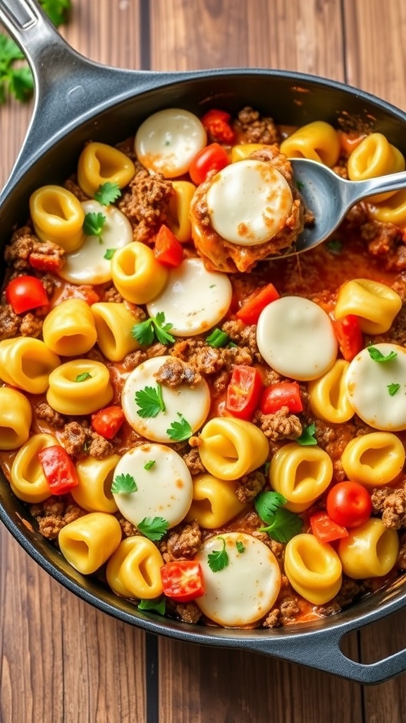 Cheesy Hamburger Tortellini Skillet Recipe A skillet filled with cheesy hamburger tortellini, ground beef, and tomatoes, garnished with parsley.